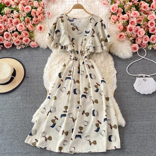 Ruffle Sleeve round Neck Dress Summer New French Style Retro Slimming Tight Waist Super Fairy Sweet Floral Large Swing Dress - Image 4