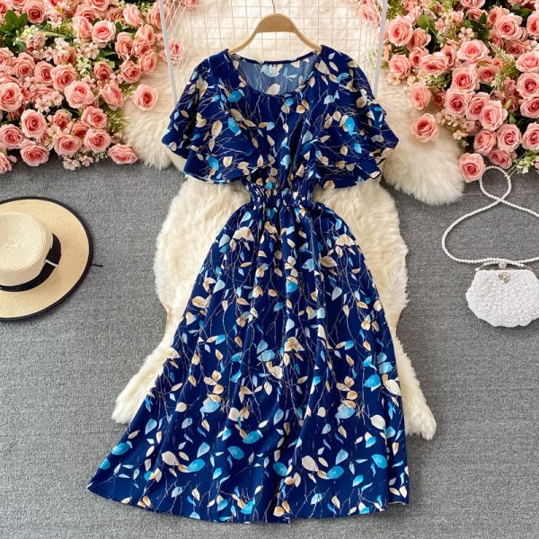 Ruffle Sleeve round Neck Dress Summer New French Style Retro Slimming Tight Waist Super Fairy Sweet Floral Large Swing Dress - Image 5