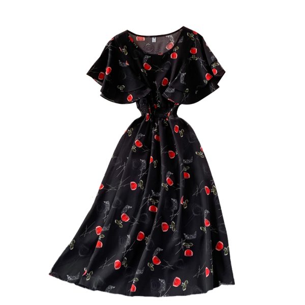 Ruffle Sleeve round Neck Dress Summer New French Style Retro Slimming Tight Waist Super Fairy Sweet Floral Large Swing Dress - Image 6