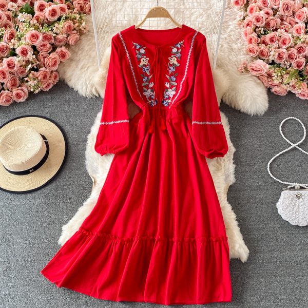 Yunnan National Style Vintage Embroidery Dress Summer Embroidery New Waist-Tight Slimming Vacation Large Swing Dress - Image 2