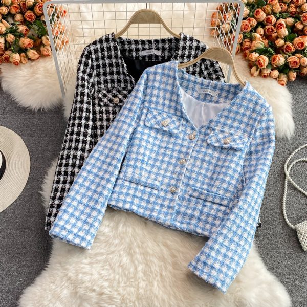 V-neck Woven Tweed Short Coat Autumn and Winter New Retro Easy Matching Fashionable Jacket Top - Image 2
