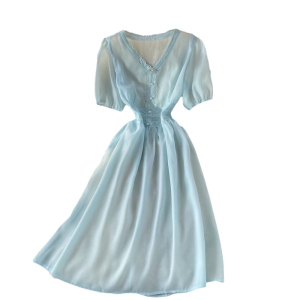 Gentle Sweet Spaghetti-Strap Floral Skirt New Summer V-neck Puff Sleeve A- line Gauzy Overskirt Dress Two-Piece Suit - Image 6