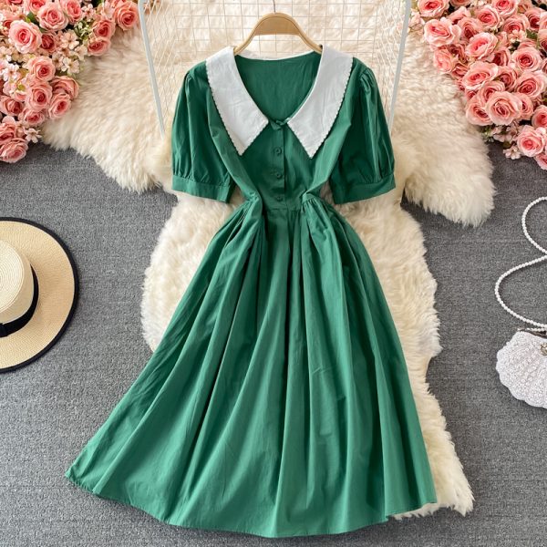 Summer New Korean Style Elegant Doll Collar Tight Waist Slimming Dress Women's Bubble Sleeve Mid-Length A- line Dress - Image 2