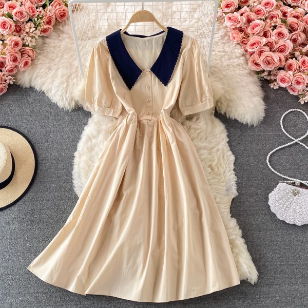 Summer New Korean Style Elegant Doll Collar Tight Waist Slimming Dress Women's Bubble Sleeve Mid-Length A- line Dress - Image 3