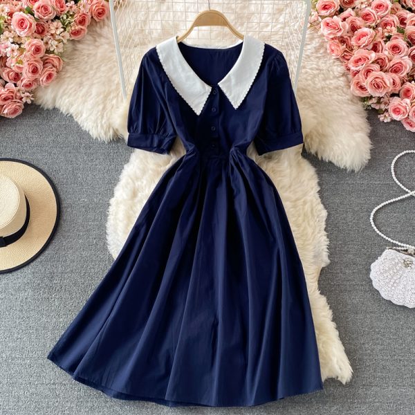 Summer New Korean Style Elegant Doll Collar Tight Waist Slimming Dress Women's Bubble Sleeve Mid-Length A- line Dress - Image 4