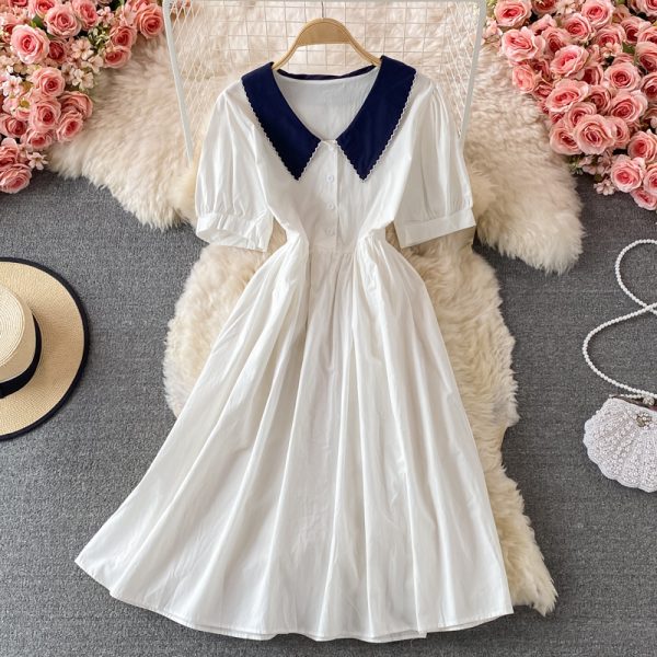 Summer New Korean Style Elegant Doll Collar Tight Waist Slimming Dress Women's Bubble Sleeve Mid-Length A- line Dress - Image 5