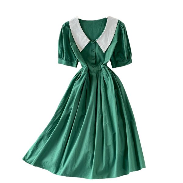 Summer New Korean Style Elegant Doll Collar Tight Waist Slimming Dress Women's Bubble Sleeve Mid-Length A- line Dress - Image 6