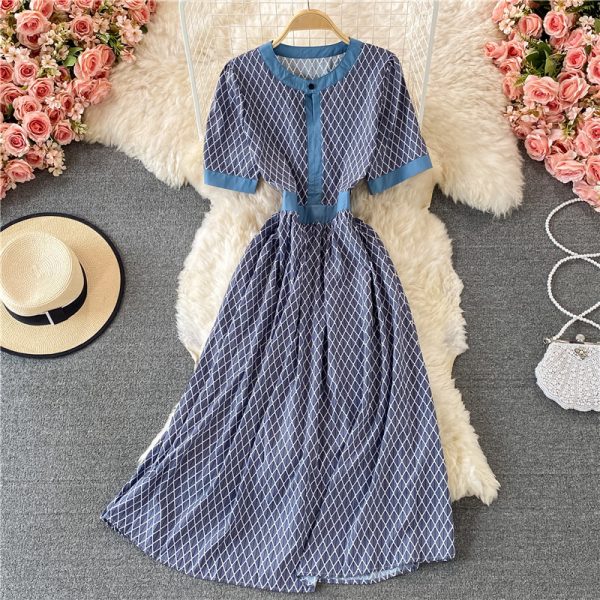 Gentle Puff Sleeve round Neck Plaid Dress Women's Summer French Style Girl's First Love Super Fairy Mori Style Large Swing Dress - Image 3
