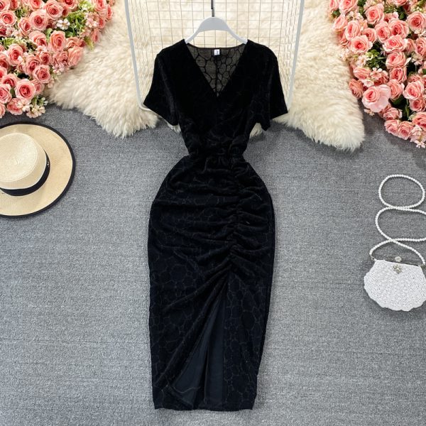 Temperamental woman dress summer new socialite v-neck cultivate one's morality show thin package hip split long skirt