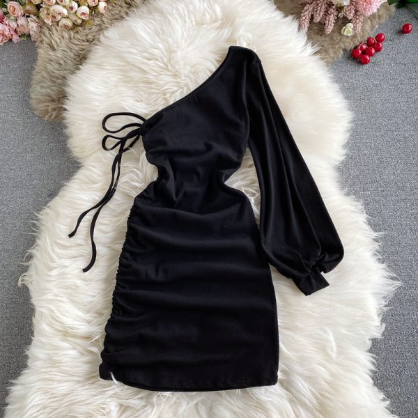 Sexy slanted collar strapless female autumn new style temperament light mature wind Yujie long-sleeved irregular hip skirt - Image 5