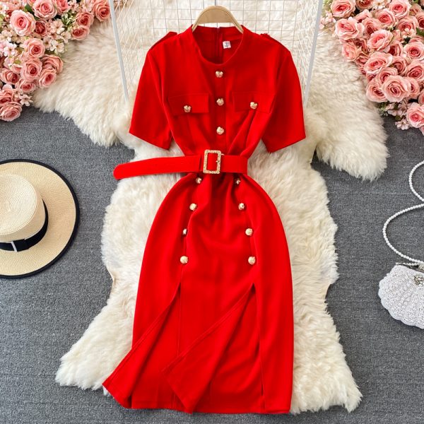 Go-Getter Girl Style Business Ol Split Dress Summer Women's New Stand Collar Elegant Double Breasted Short Sleeve Dress - Image 3