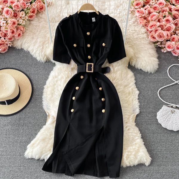 Go-Getter Girl Style Business Ol Split Dress Summer Women's New Stand Collar Elegant Double Breasted Short Sleeve Dress - Image 4