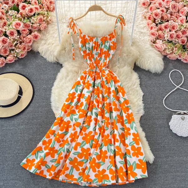 Seaside Holiday Beach Dress Women's Summer New Korean Style French First Love Suspender Dress Mori Style Floral Dress