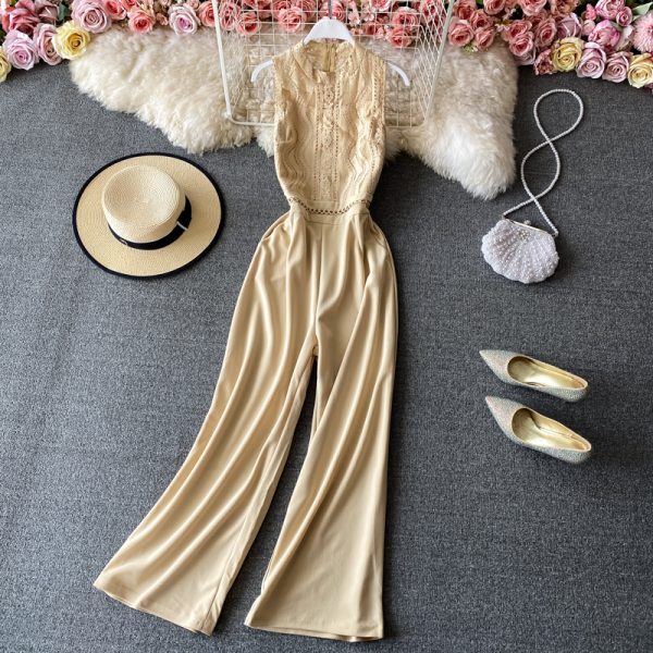 Round neck lace stitching jumpsuit women's scheming hollow elegant high waist wide leg pants jumpsuit