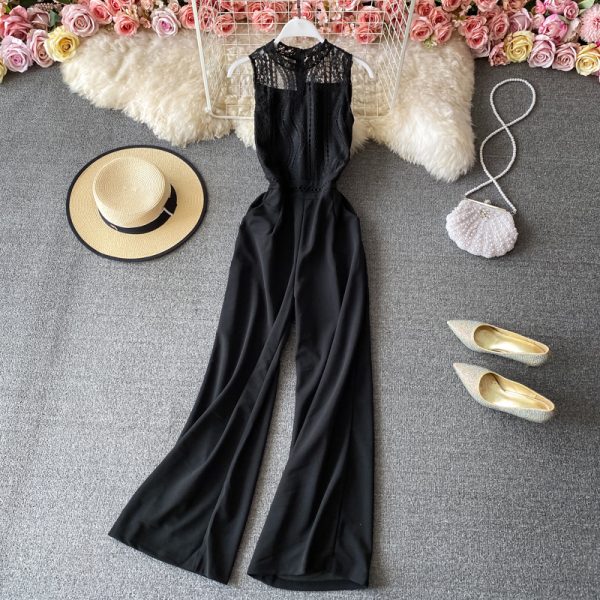 Round neck lace stitching jumpsuit women's scheming hollow elegant high waist wide leg pants jumpsuit - Image 3