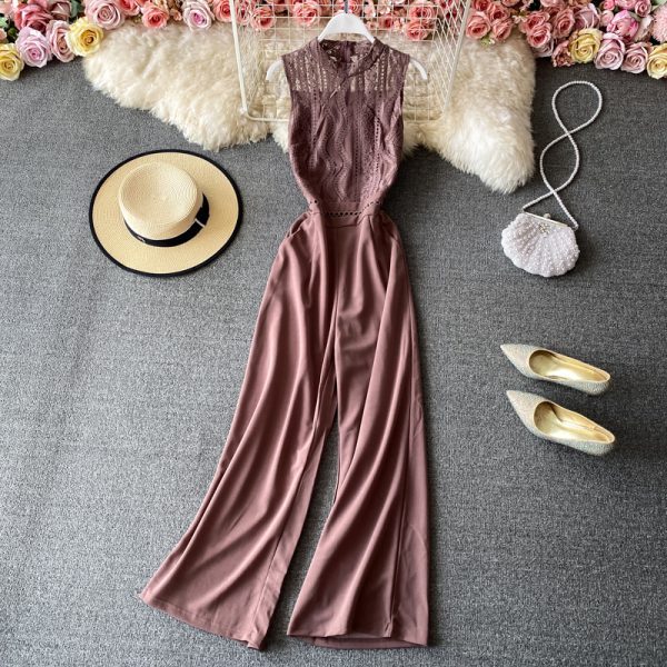 Round neck lace stitching jumpsuit women's scheming hollow elegant high waist wide leg pants jumpsuit - Image 4