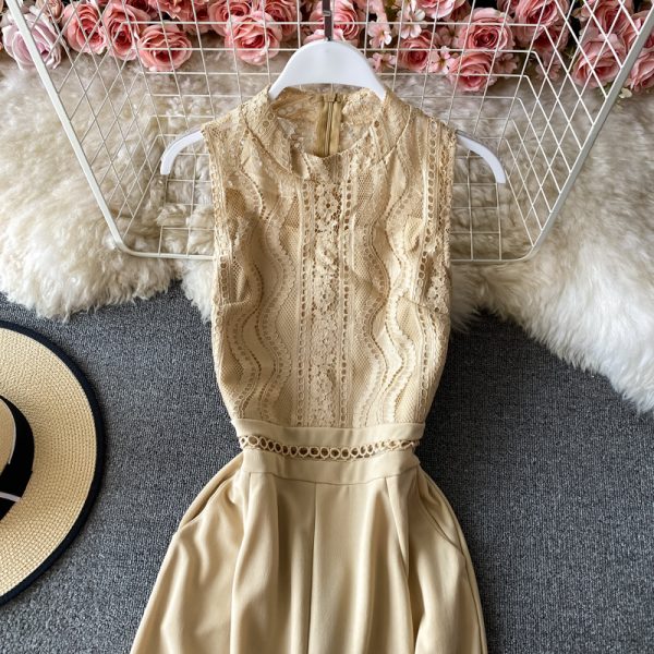 Round neck lace stitching jumpsuit women's scheming hollow elegant high waist wide leg pants jumpsuit - Image 5