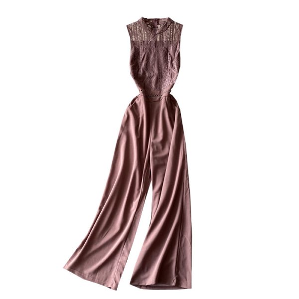 Round neck lace stitching jumpsuit women's scheming hollow elegant high waist wide leg pants jumpsuit - Image 6