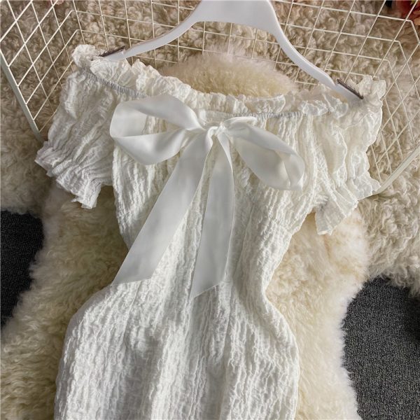 Retro Sweet Cinched Slimming off-Shoulder Backless Dress Summer Small High Waist Short Sleeve Short Hip Skirt - Image 5